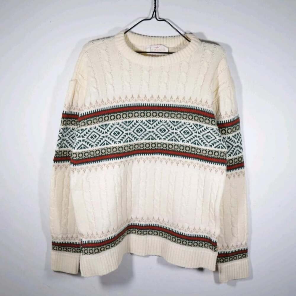 Vintage 80s Jantzen Cream Fair Isle Cable Knit Sweater S-M